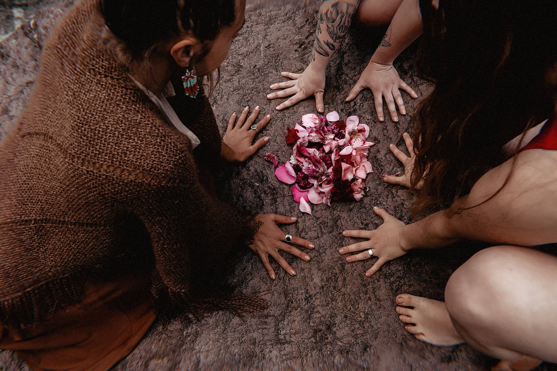 Hands gathered in a circle around pink flowers on a rock